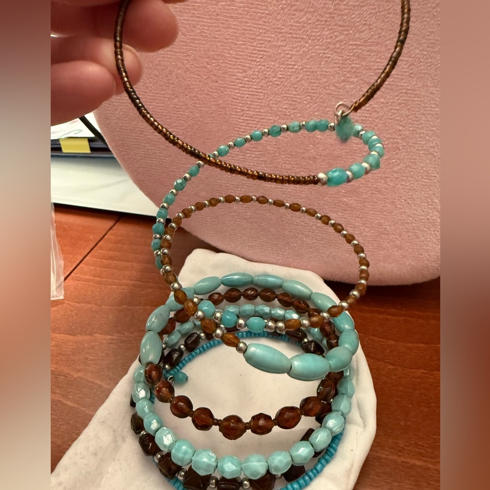 Turquoise and Brown Beaded Bracelet Coil Bracelet - Picture 2 of 2